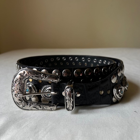 Vintage Nanni Italy Turquoise Concho Studded Leather Belt Black‎ Silver 95/38 - Picture 13 of 13